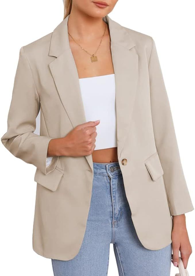 Womens Casual Blazers Open Front Long Sleeve Button Work Office Blazer Jackets with Pockets | Amazon (US)