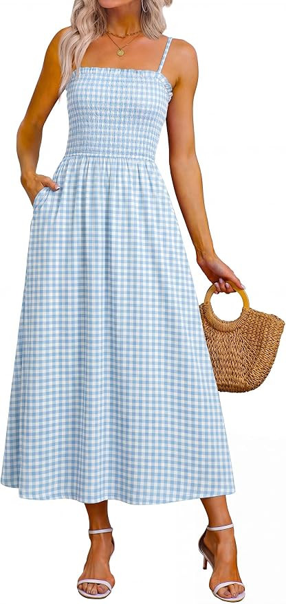 OFEEFAN Womens Spaghetti Strap Maxi Dresses Smocked with Pockets 2026 Summer Spring Casual Boho B... | Amazon (US)