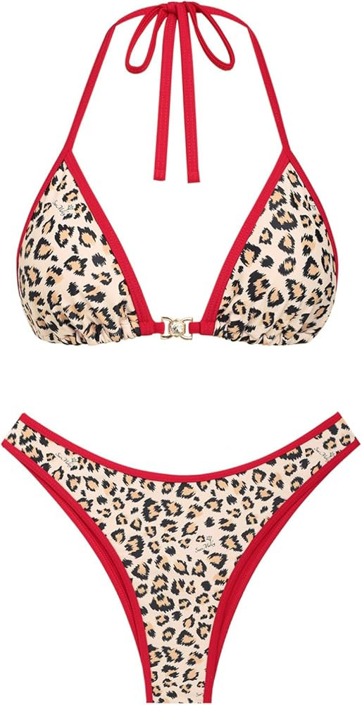 seamoly Women‘s Bikini Sets Two Piece Swimsuit Textured Halter Triangle Thong Bikini Set | Amazon (US)