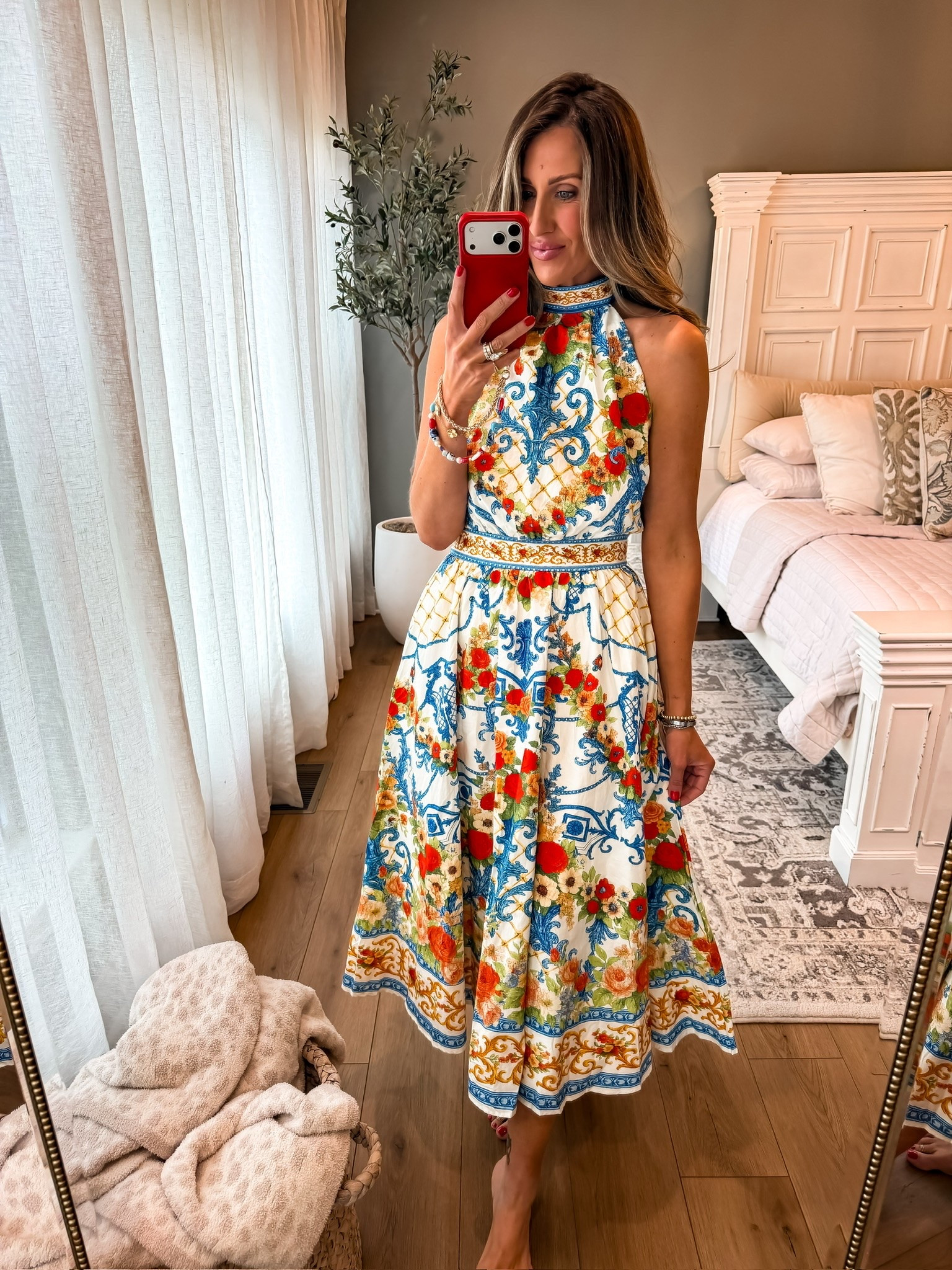 This dress feels like a wearable vacation postcard 💙 The colors and intricate print make such a statement, and I love how elevated it looks without needing much else. Perfect for summer events, vacation dinners, or when you want your outfit to do all the work.

printed midi dress, vacation outfit, resort wear, European summer style, colorful dress, statement dress, summer wedding guest dress, feminine fashion, vacation style, Mediterranean inspired, summer outfit ideas, themominstyle

#LTKTravel #LTKSeasonal #LTKootd