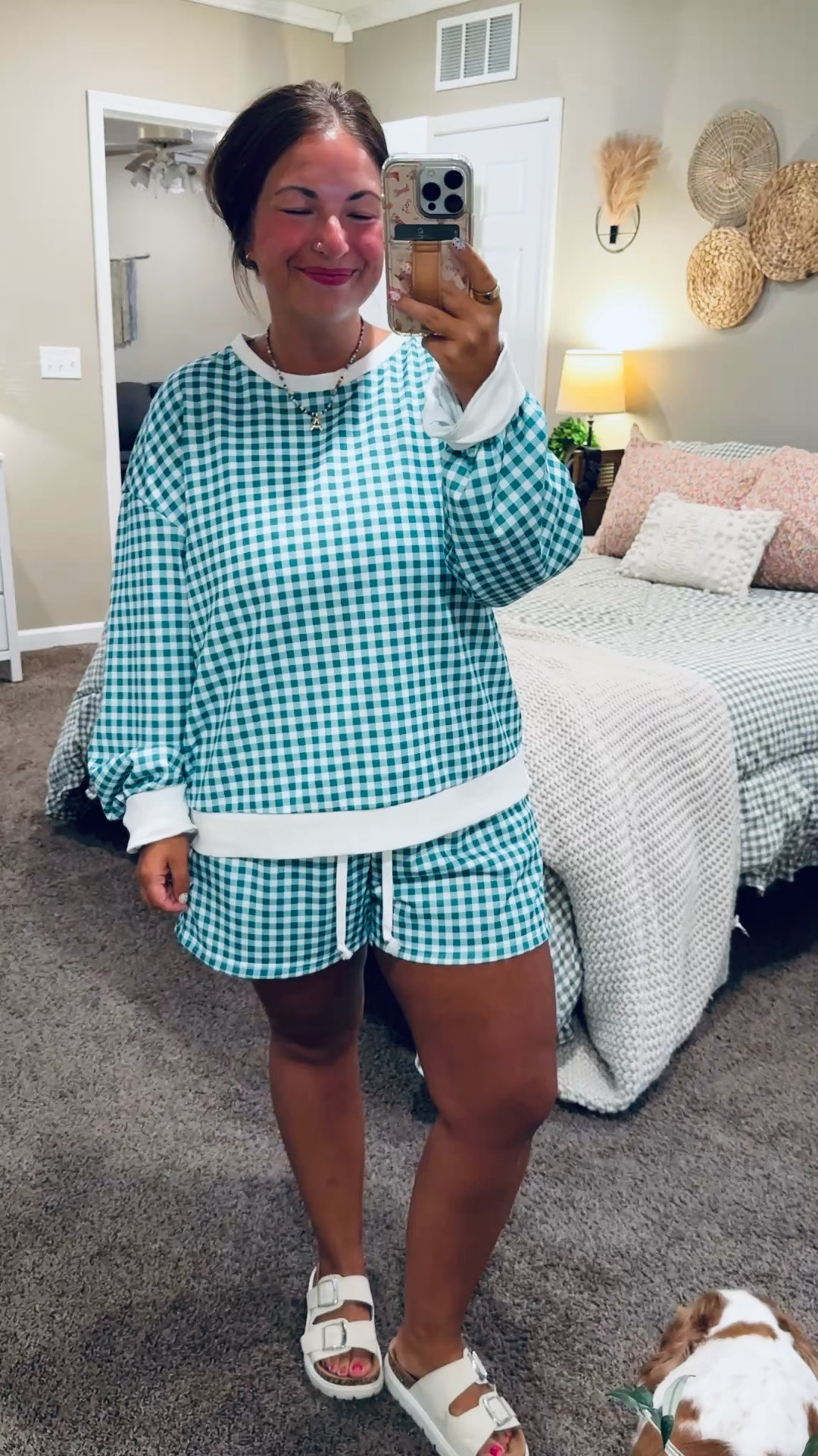 This gingham set is as comfy as it is cute! 💚 Perfect for lounging, errands, or a casual weekend.

sandals: sold out, but linking similar options below!
set: fits true to size // wearing an XL 

 #LTKootd #LTKMidsize