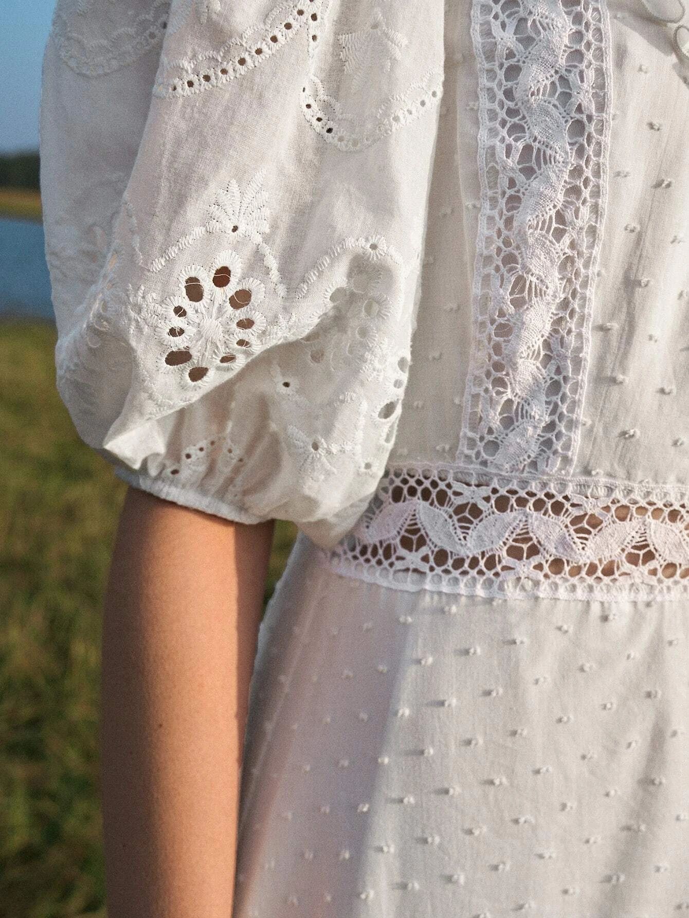 SHEIN Single Breasted Ruffle Trim Guipure Lace Panel Schiffy Dress | SHEIN