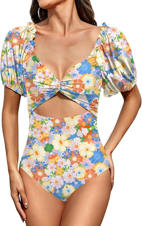 Upopby Women's Cutout One Piece Swimsuit Tummy Control Swimwear Retro Puff Sleeve High Waisted Ba... | Amazon (US)