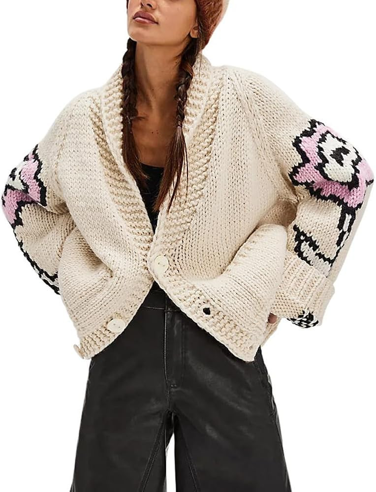 chouyatou Women's Fall Casual 2025 Floral Sweater Cardigans Oversized Button Down Chunky Knit Swe... | Amazon (US)