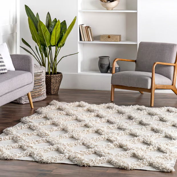Ivory Shaggy Diamond Trellis Area Rug | Rugs USA