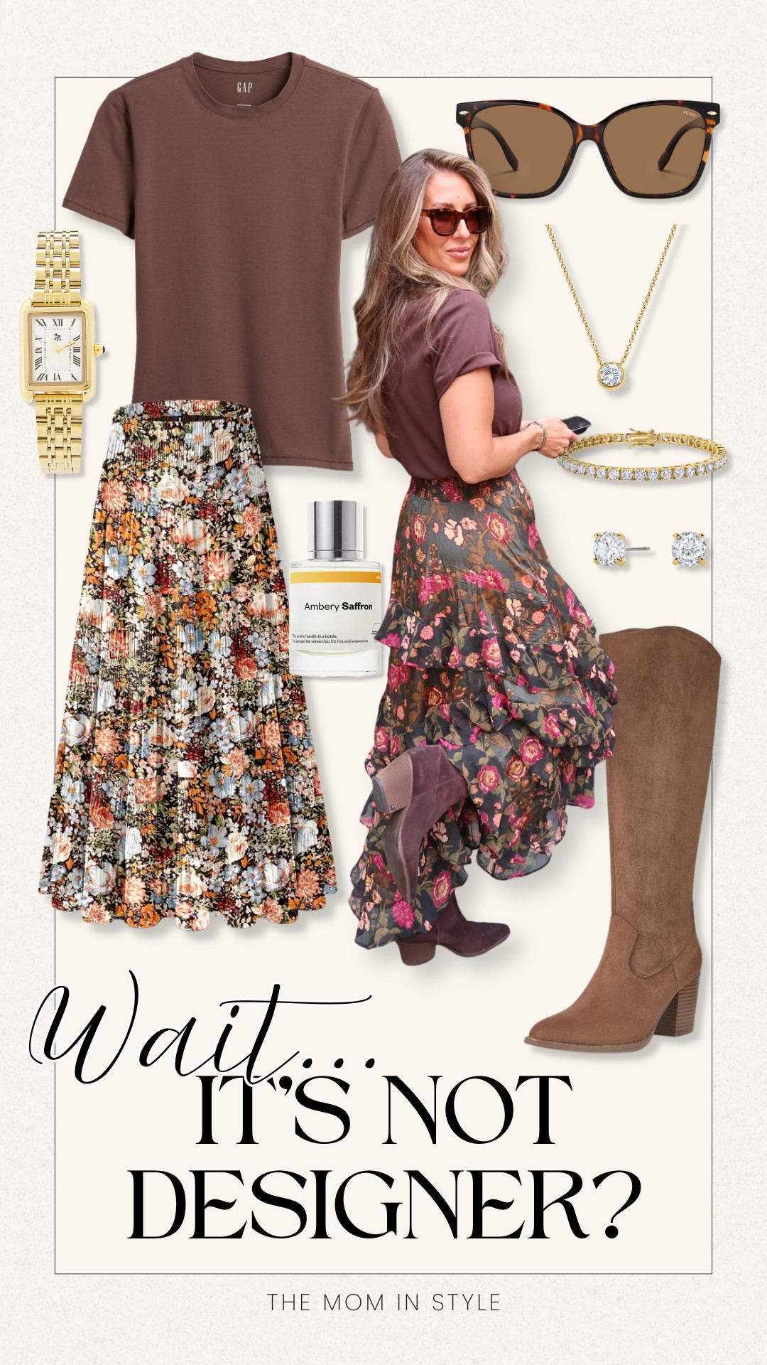 This whole look feels designer without the designer price tag. I love the mix of the simple chocolate brown tee with the romantic floral skirt, then adding tall boots and classic gold accessories to make it feel ready for early fall.

fall outfit idea, floral maxi skirt, brown t shirt, tall boots, fall fashion, designer inspired outfit, affordable fashion finds, transitional outfit, gold jewelry, womens fall style, TheMomInStyle 

 #LTKSeasonal #LTKSaleAlert #LTKBeauty