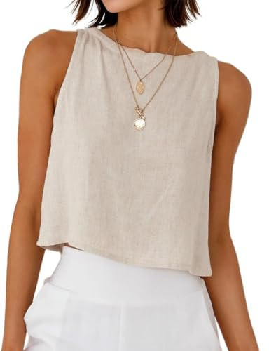 Beige Tops for Women 2026 Spring Summer Sleeveless Crop Tops Cute Beach Vacation Clothes Cotton Linen Shirts Tank Top, Beige, L | Amazon (US)