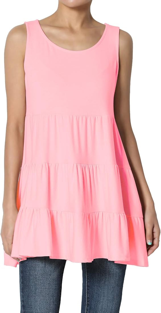Amazon.com: TheMogan Women's Sleeveless Tiered Ruffle Babydoll Tunic Cute Tank Top Bright Pink XL... | Amazon (US)