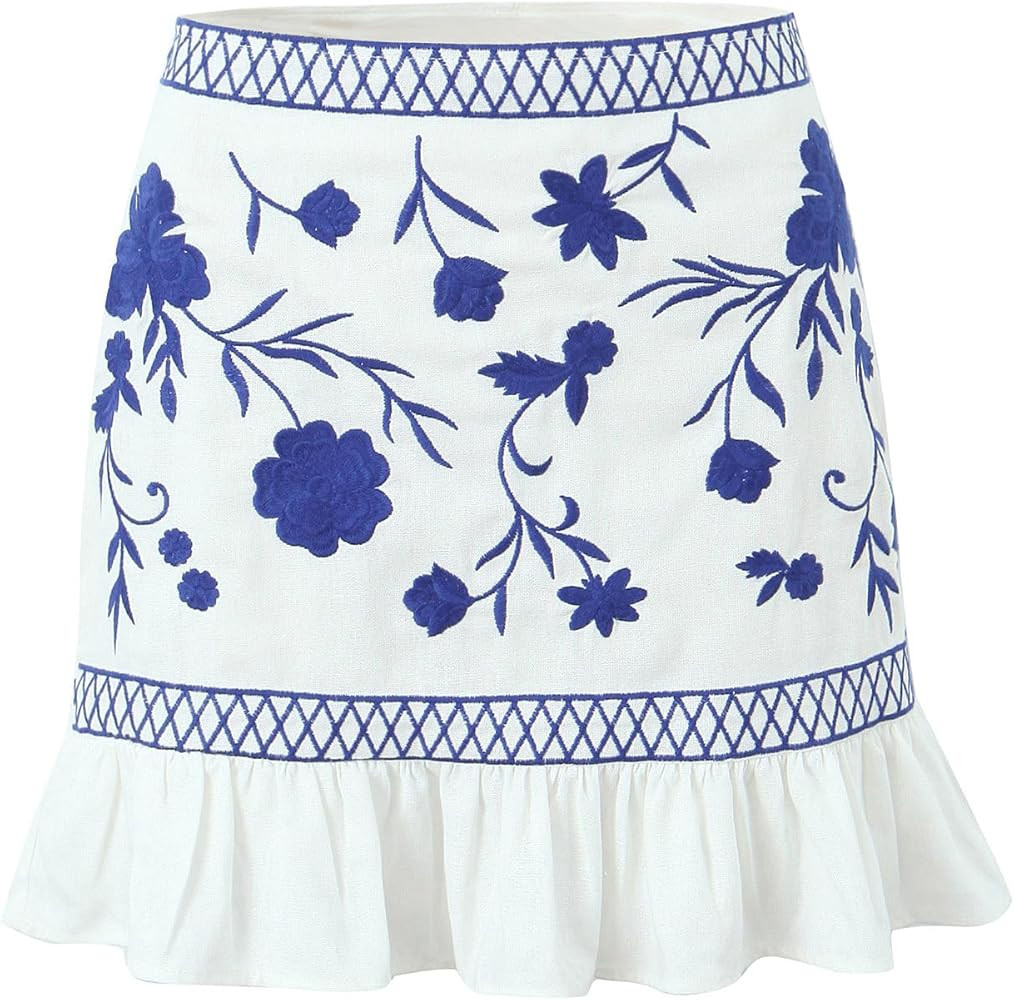 Women's Floral Embroidery Ruffle Hem Short Mini Skirts Mexican Bohemian Casual Beach Bodycon Skir... | Amazon (US)