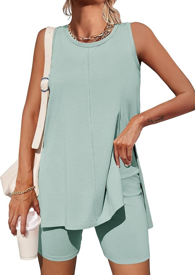 Esobo Women's Summer 2 Piece Outfits Sleeveless High Low Spilt Hem Tank Top Biker Shorts Sets Lou... | Amazon (US)