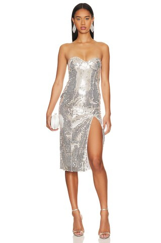 MAJORELLE Jovanna Embellished Midi Dress in Silver from Revolve.com | Revolve Clothing (Global)