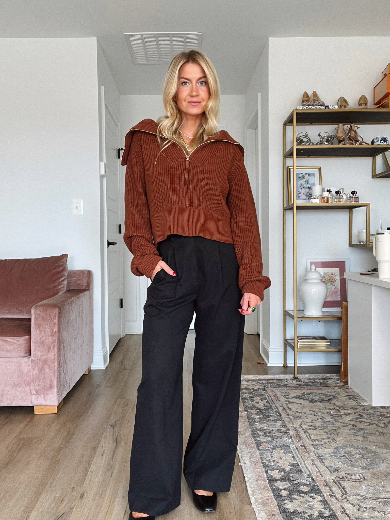 Half zip copper knit pullover, black trousers, Mary Janes 

#LTKSeasonal #LTKstyletip #LTKshoecrush