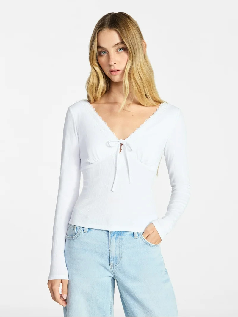 No Boundaries Tie Front Lace Trim Top with Long Sleeves, Women’s XXS-XXL | Walmart (US)