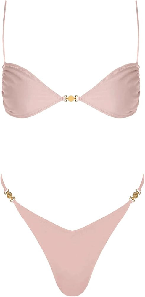 VOLAFA Women's Triangle Bikini Set Tie Solid Sexy Thong Cheeky Two Piece Swimsuit Bathing Suit | Amazon (US)