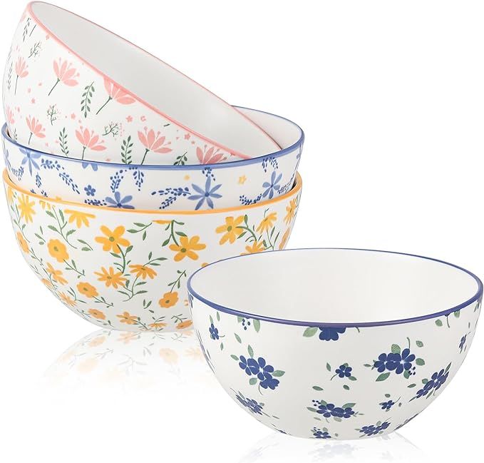 Cereal Bowls Soup Bowl Set - 6" Colorful Ceramic Bowls with Floral Patterns - Wide Deep Porcelain... | Amazon (US)
