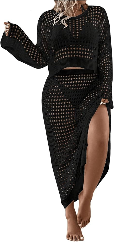 Women's 2 Piece Plus Size Cover Up Sweater and Split Thigh Skirt Set Beach Swim Cover Up Outfit | Amazon (US)