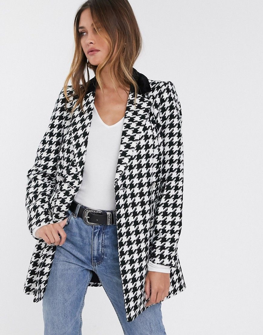 River Island blazer with contrast collar in mono houndstooth-Black | ASOS (Global)