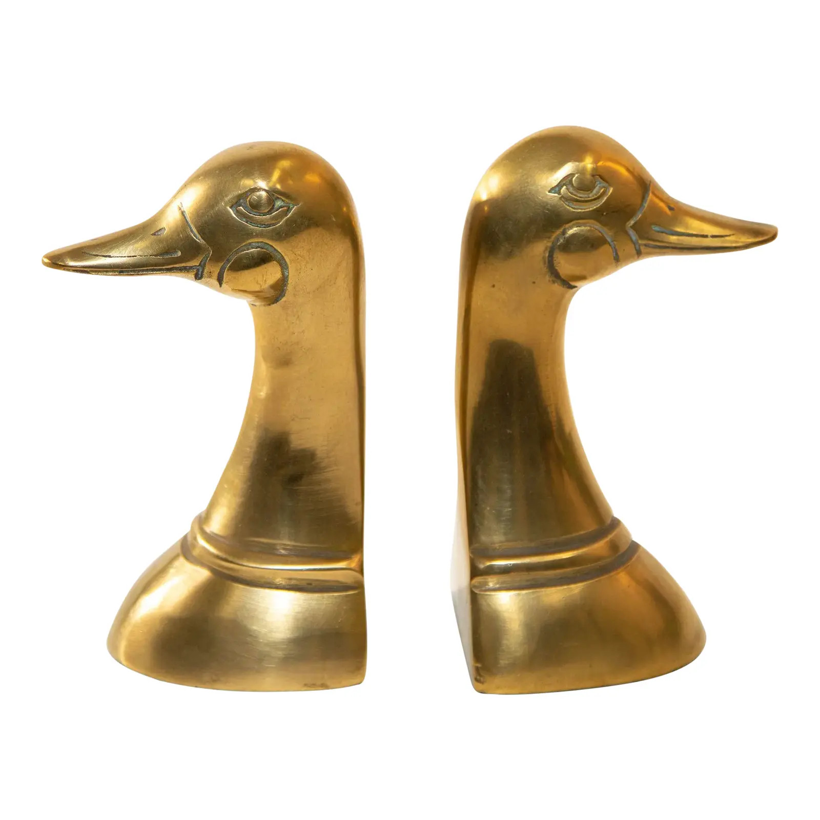 Polished Solid Brass Mallard Duck Head Bookends Sarreid Style 1950's a Pair | Chairish