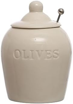 Creative Co-Op 4 Inches Round Debossed Stoneware Jar with Stainless Steel Slotted Spoon Olives, W... | Amazon (US)