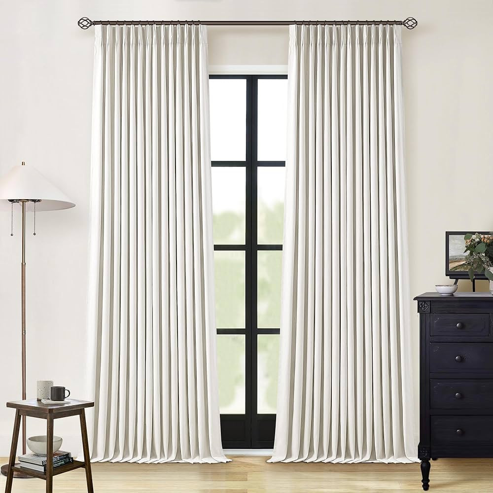 90 Inch Pinch Pleated Linen Blackout Curtains 2 Panels for Living Room Cream Natural 100% Black O... | Amazon (US)