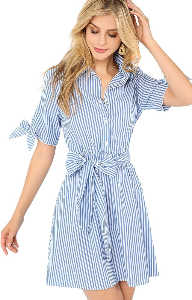 Romwe Women's Cute Striped Belted Button up Collar Summer Short Shirt Dress | Amazon (US)