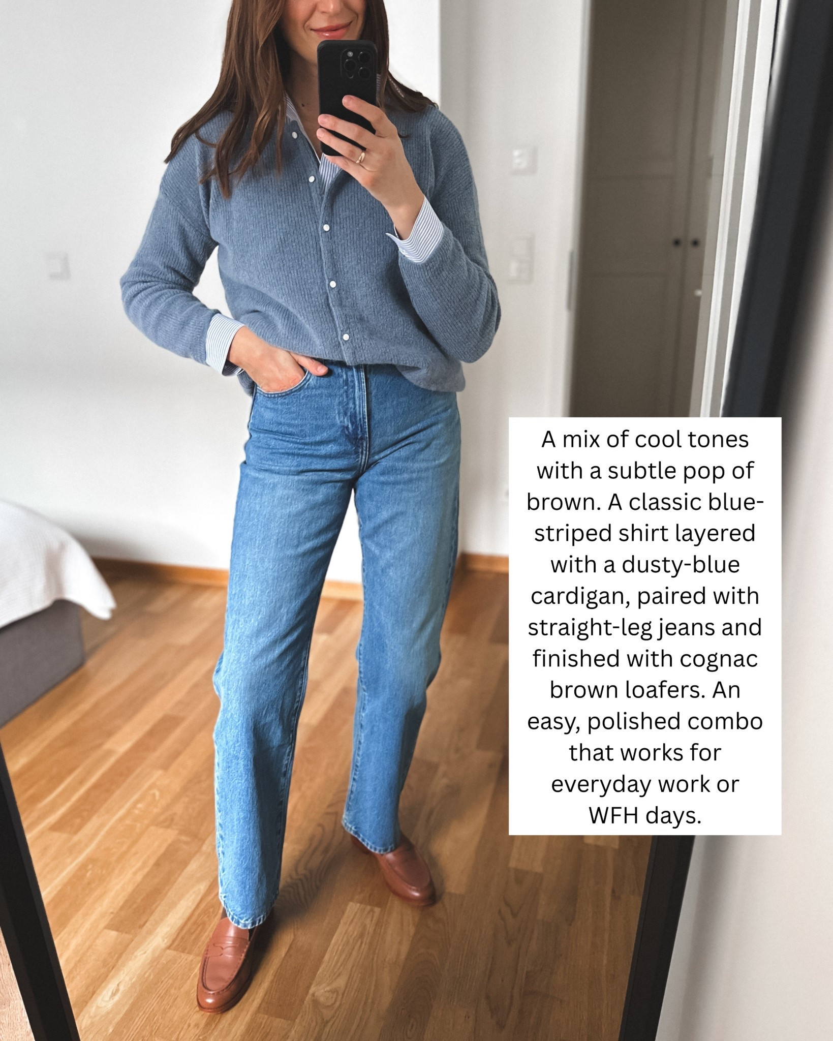 Blue cardigan, straight-leg jeans, coniac loafers 