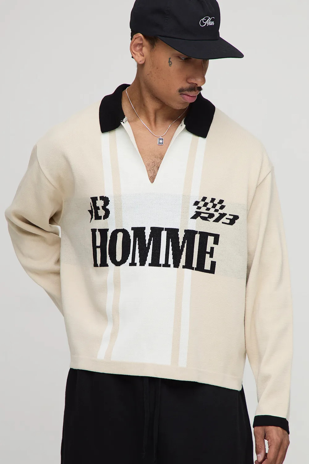 Oversized Boxy Long Sleeve Football Knitted Polo | boohooMAN (DE, IE & UK)