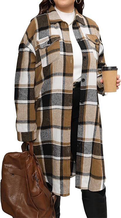 Women's 2024 Plus Size Plaid Flannel Shacket Loose Fit Long Shirts Jacket Tartan Boyfriend Oversi... | Amazon (US)