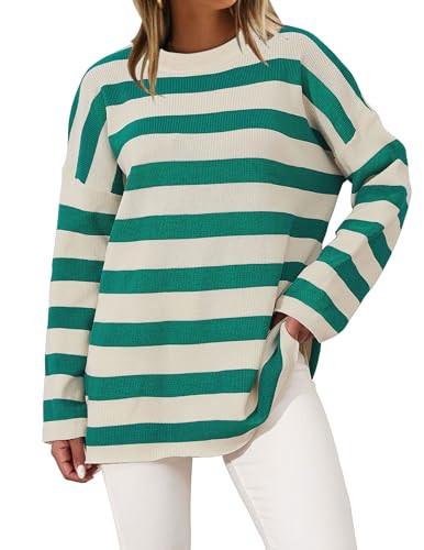 Ziesexy Striped Sweater Women Ribbed Knit Oversized Pullover Sweater Long Sleeve Crewneck Color Block Fall Tunic Sweater Top Green Beige | Amazon (US)