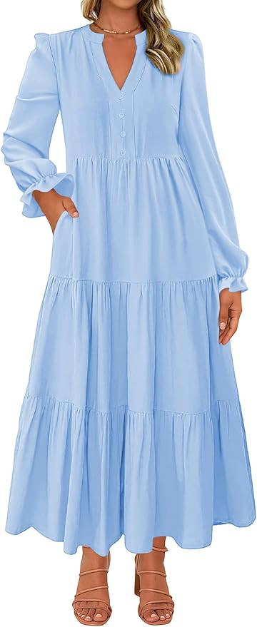 Lazysmile Dresses for Women 2025 Fall Long Sleeve V Neck Button Down A-Line Flowy Casual Boho Max... | Amazon (US)