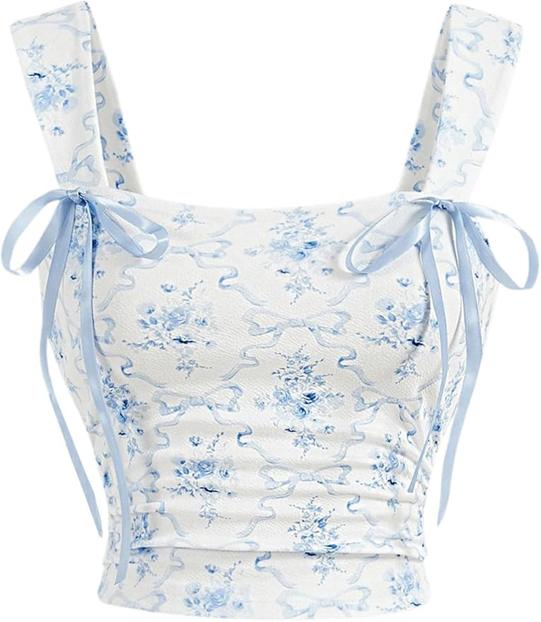 MakeMeChic Women's Floral Bow Wide Strap Cami Top Ruched Sleeveless Tank Crop Tops | Amazon (US)