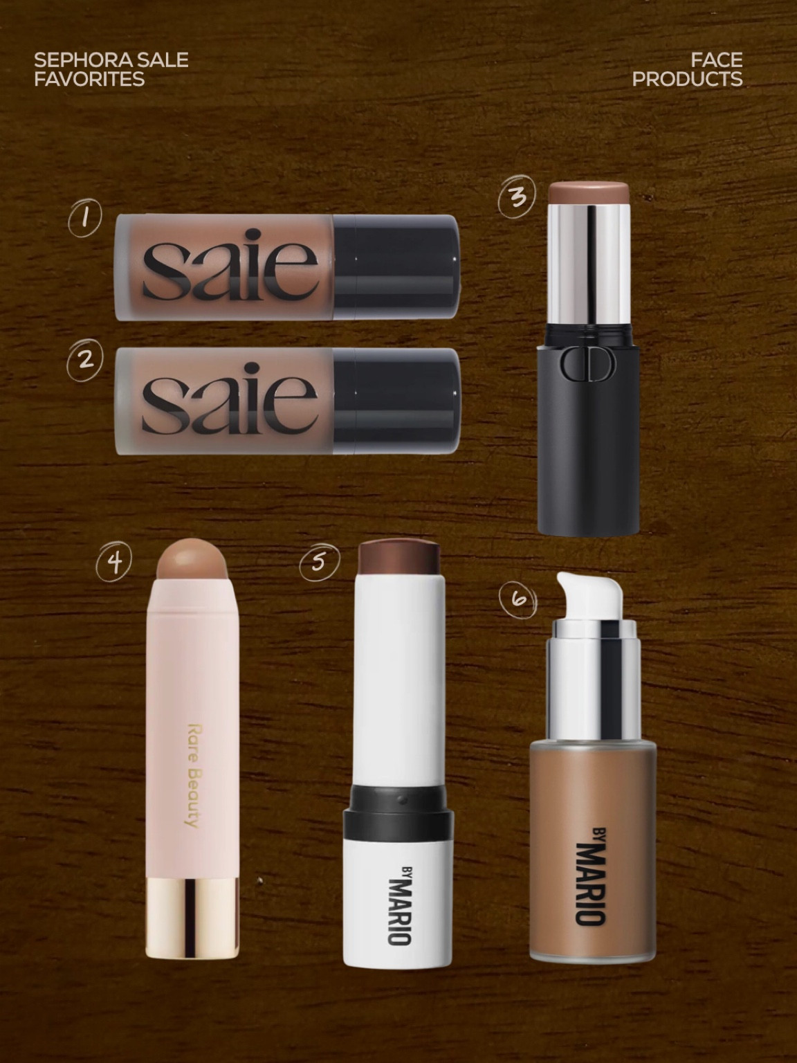 Sephora sale favorites - contour / cream bronzers 

1.  Saie - “spritz”
2. Saie - “salt”
3. Dior - “medium”
4. Rare beauty - “happy sol”
5. Makeup by Mario - “medium”
6. Makeup by Mario - “light medium”