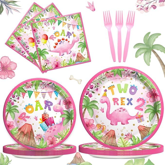 Two Rex Birthday Supplies Girl Tableware Set, Pink Dinosaur 2nd Themed Birthday Party Decorations... | Amazon (US)