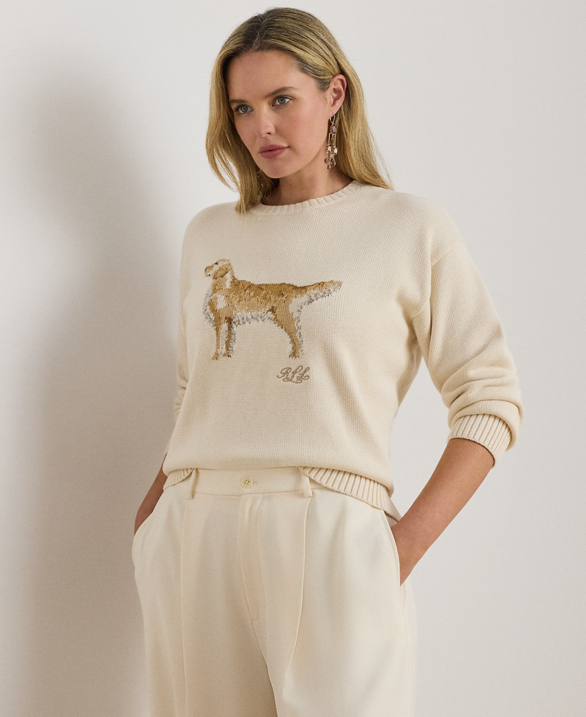 Lauren Ralph Lauren Plus Size Intarsia-Knit Golden Retriever Crewneck Sweater - Mascarpone Cream | Macy's