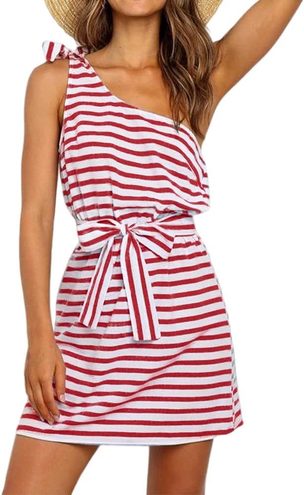Kaxindeb Women's Causal Striped T Shirt Dress Sleeveless One Shoulder Tie Waist Beach Mini Dress | Amazon (US)
