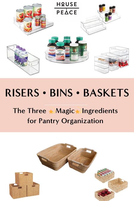 There's really only THREE things you need in a pantry: 1. RISERS for spices and cans 2. BINS for food categories like pasta or breakfast 3. BASKETS for snacks and paper products. Bonus tip: Use straight sided clear bins for best use of space!

#kitchenorganization #pantryorganization #magicingredients

#LTKfamily #LTKhome