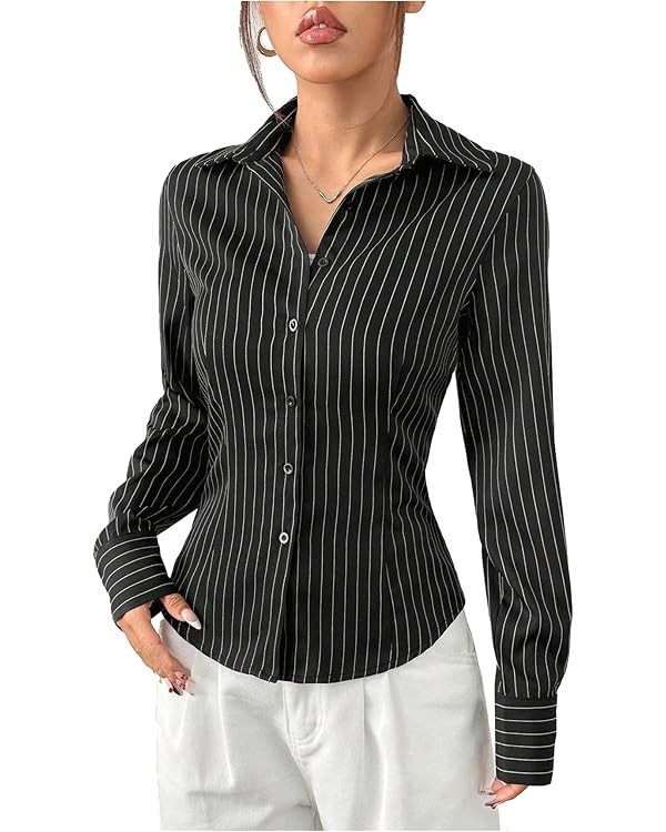 SweatyRocks Women's Striped Button Down Slim Fit Shirt Long Sleeve Collar Work Blouse Tops | Amazon (US)
