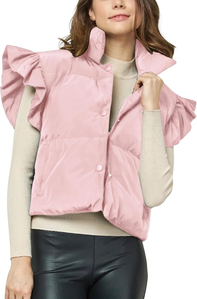 Himosyber Womens Cropped Puffer Vest Ruffle Sleeve Button Down Jacket Stand Collar Winter Warm Pa... | Amazon (US)