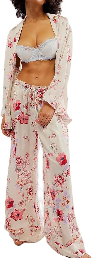 Arssm Satin Pajama Set for Women Silk Pajamas Set 2 Piece Floral Pj Set Long Sleeve Button Down P... | Amazon (US)