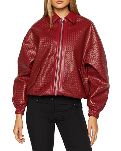 VOIKERDR Red Leather Jacket Women Trendy Zip Up Jackets Faux Leather Jacket Moto Coat Winter Outfits | Amazon (US)