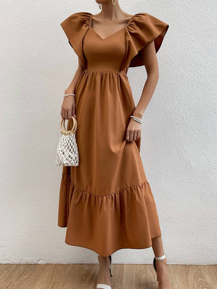 SHEIN Privé Sweetheart Neck Butterfly Sleeve Ruffle Hem Dress | SHEIN