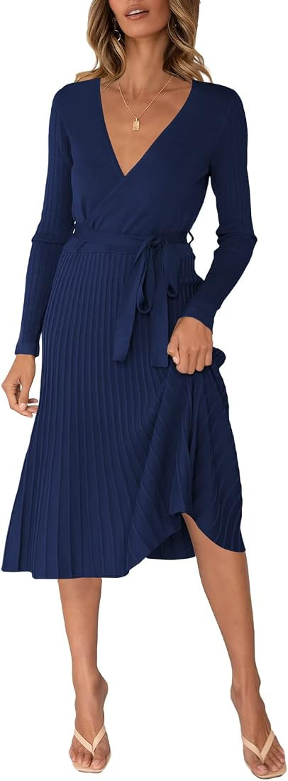 Pink Queen Women's Wrap Sweater Dress V Neck Long Sleeve Ribbed Swing Party Wedding Midi Dresses ... | Amazon (US)