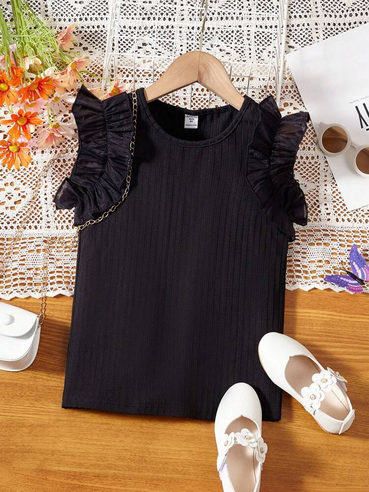 SHEIN Girls Ruffle Trim Ribbed Knit Tee
       
              
              $5.70            $5.... | SHEIN