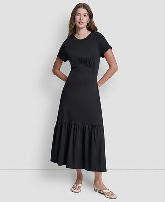 Women's Ruched Bodice Crew Neck Tier Long Dress | Macy's