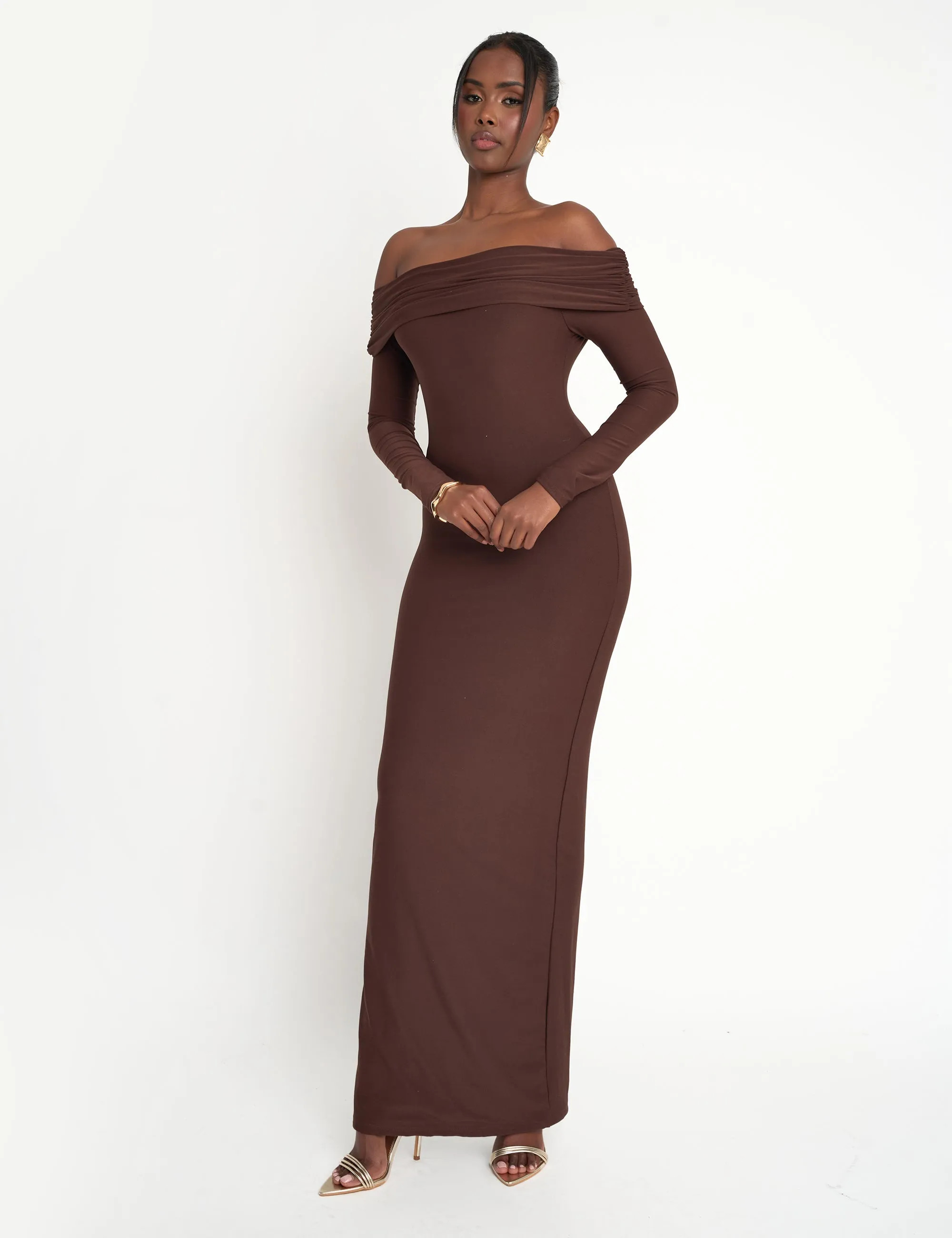 Public Desire Slinky Bardot Maxi Dress Brown | Boohoo | Boohoo.com (UK & IE)