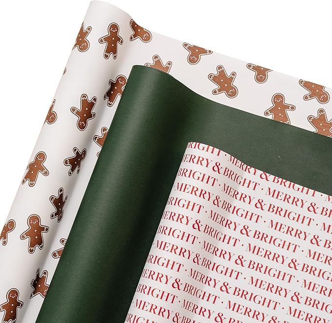Merry Market 3-pack Premium Matte Christmas Wrapping Paper, Minimal Holiday Gift Wrap, Gingerbrea... | Amazon (US)