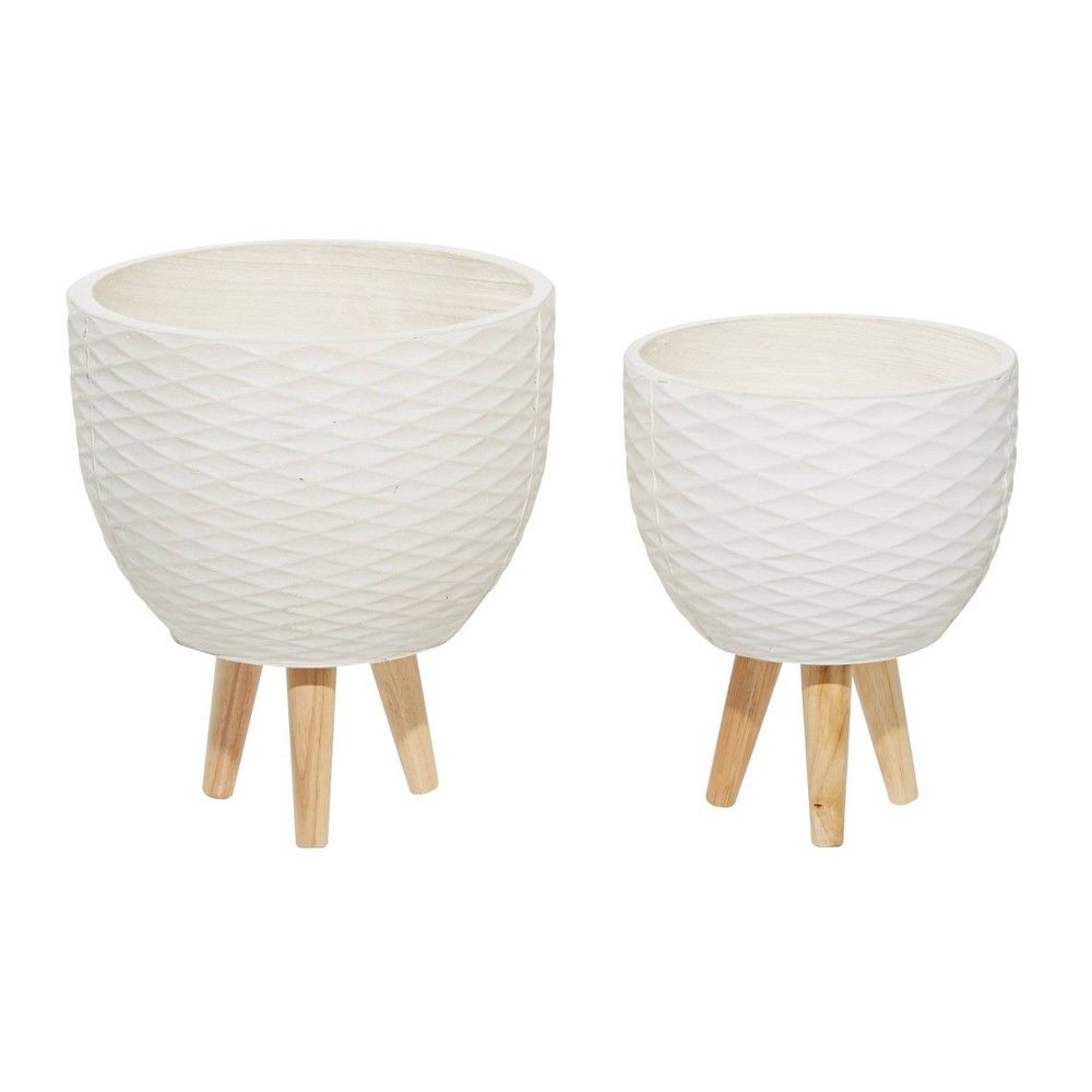 Set of 2 Textured Fiberclay Planter with Wood Base White - Olivia & May | Target