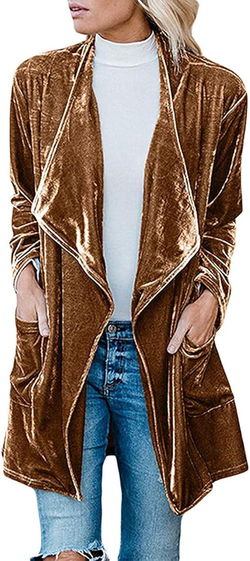 futurino Women's Solid Long Sleeve Velvet Jacket Open Front Cardigan Coat with Pockets Outerwear... | Amazon (US)