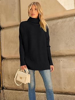 LILLUSORY Women's Oversized Turtleneck Sweaters Fall Batwing Sleeve Ribbed Tunic Sweater | Amazon (US)