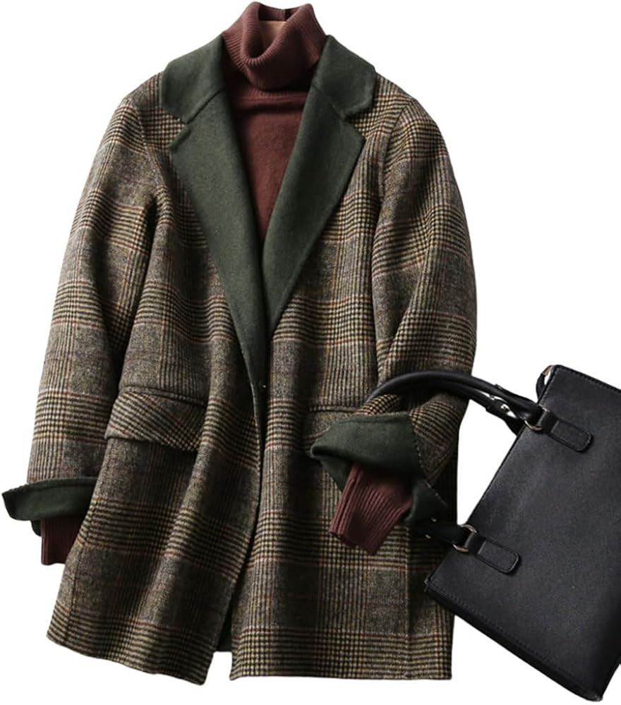 Womens Wool Trench Coats Autumn Winter Wool Plaid Coat Mid-Length Woolen Overcoat Jackets Outwear | Amazon (US)